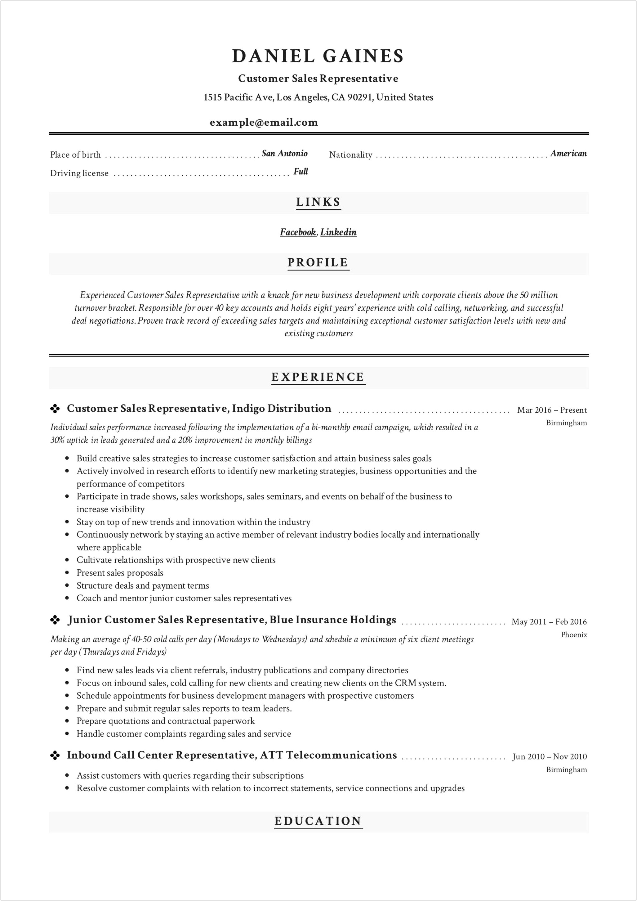 Sample Resume Inside Sales Position