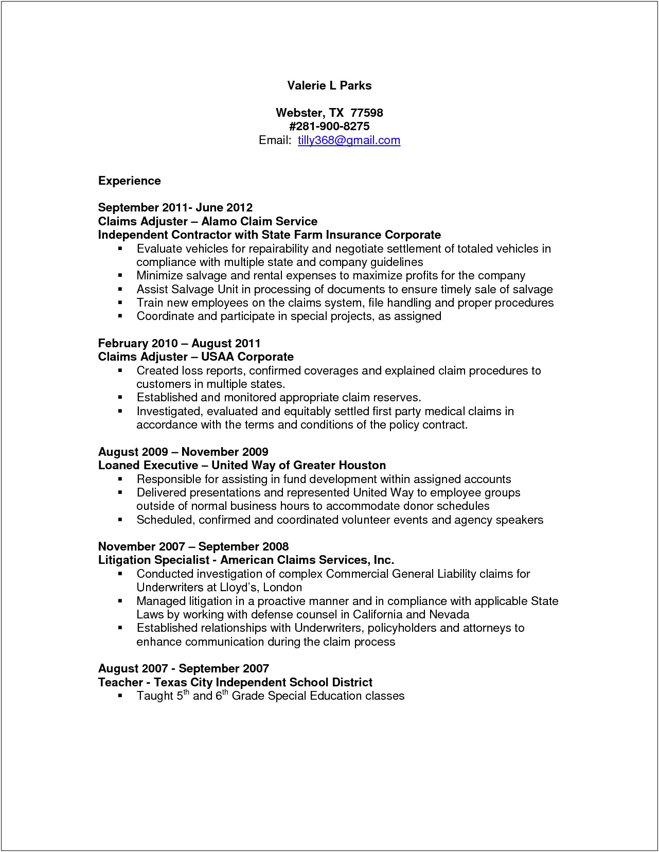 Sample Resume Insurance Claims Specialist