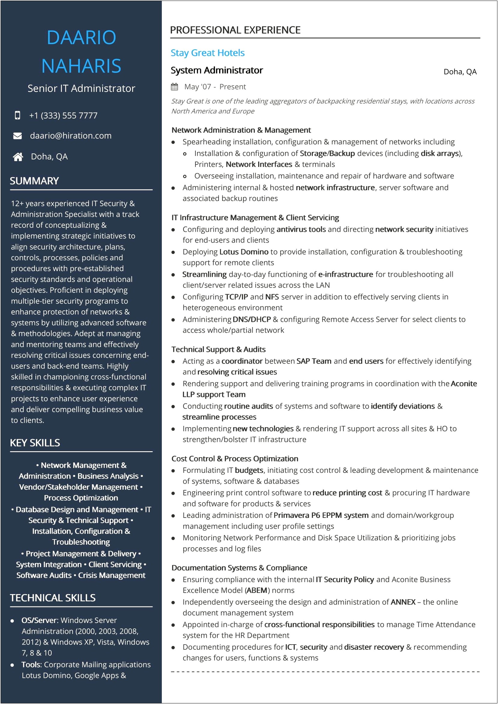 Sample Resume It Infrastructure Manager