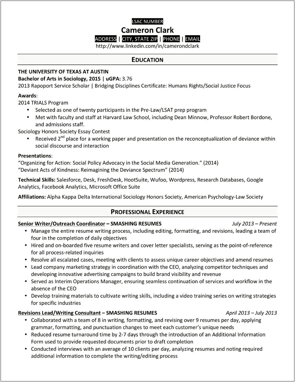 Sample Resume Law School Application