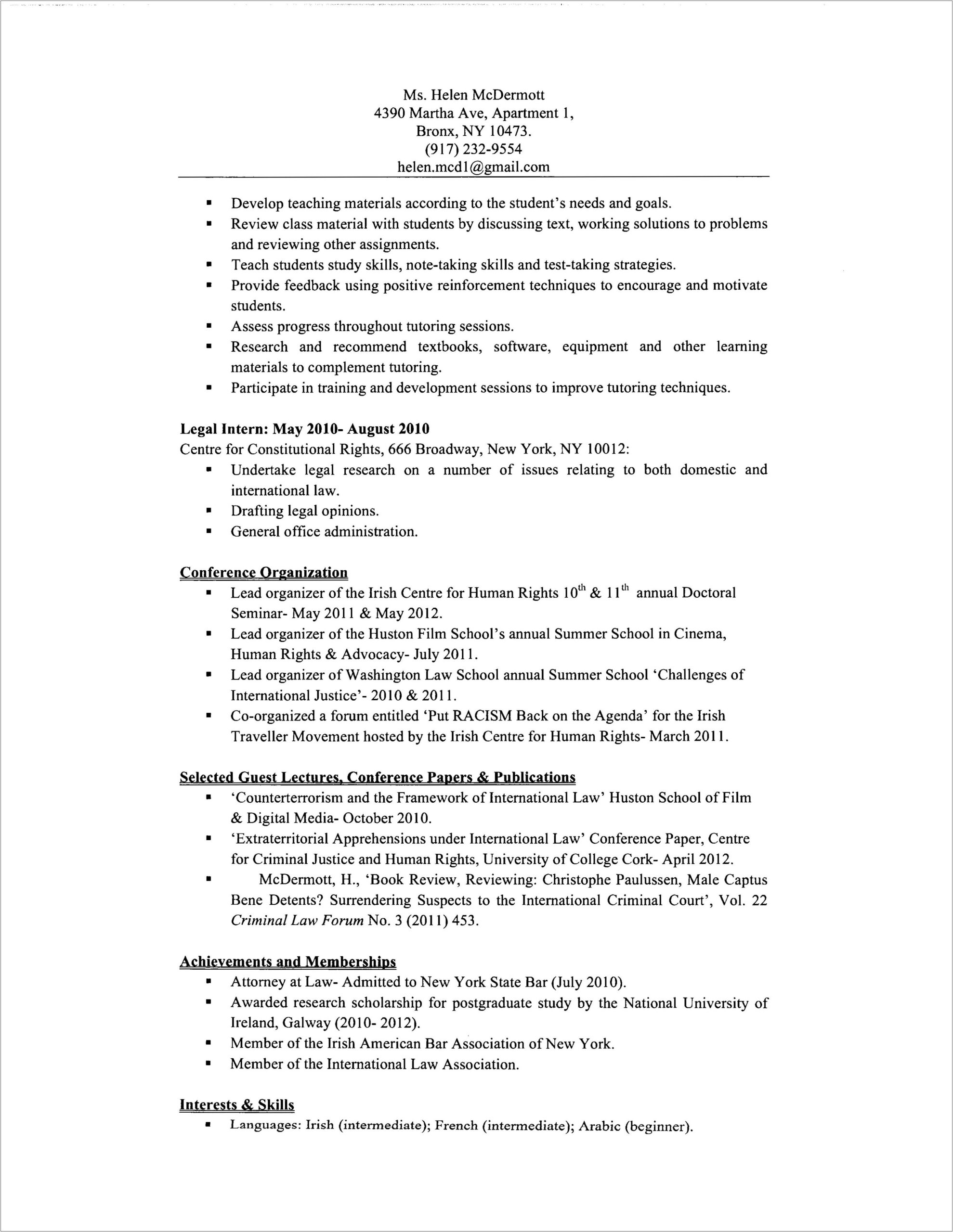 Sample Resume Law School Publication