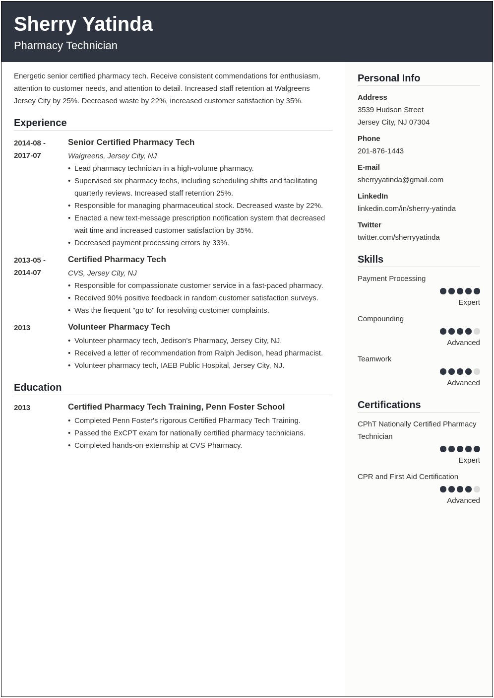 Sample Resume Lead Pharmacy Technician