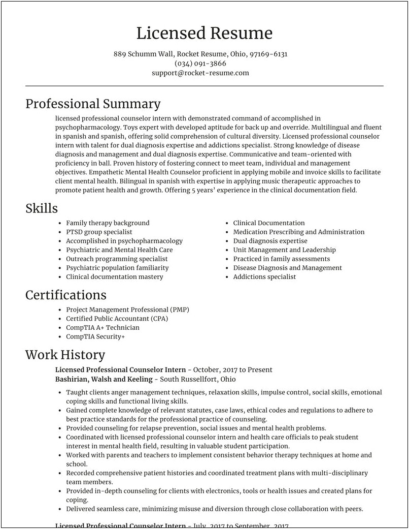 Sample Resume Licensed Professional Couselor