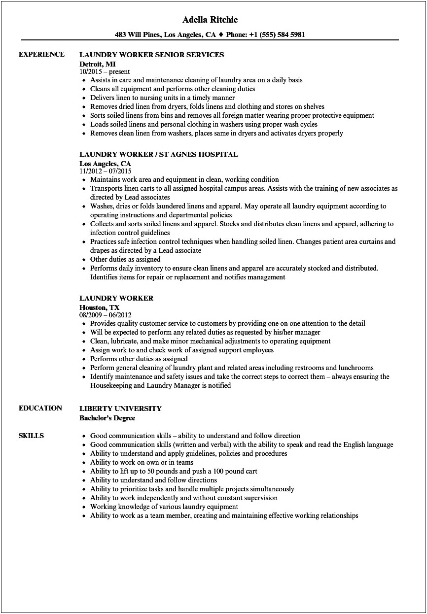 Sample Resume Manager At Laundromat