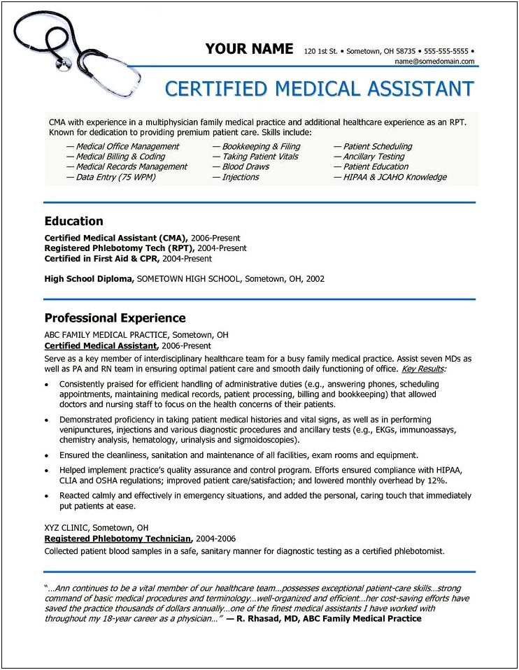 Sample Resume Medicated Assistant Treatment