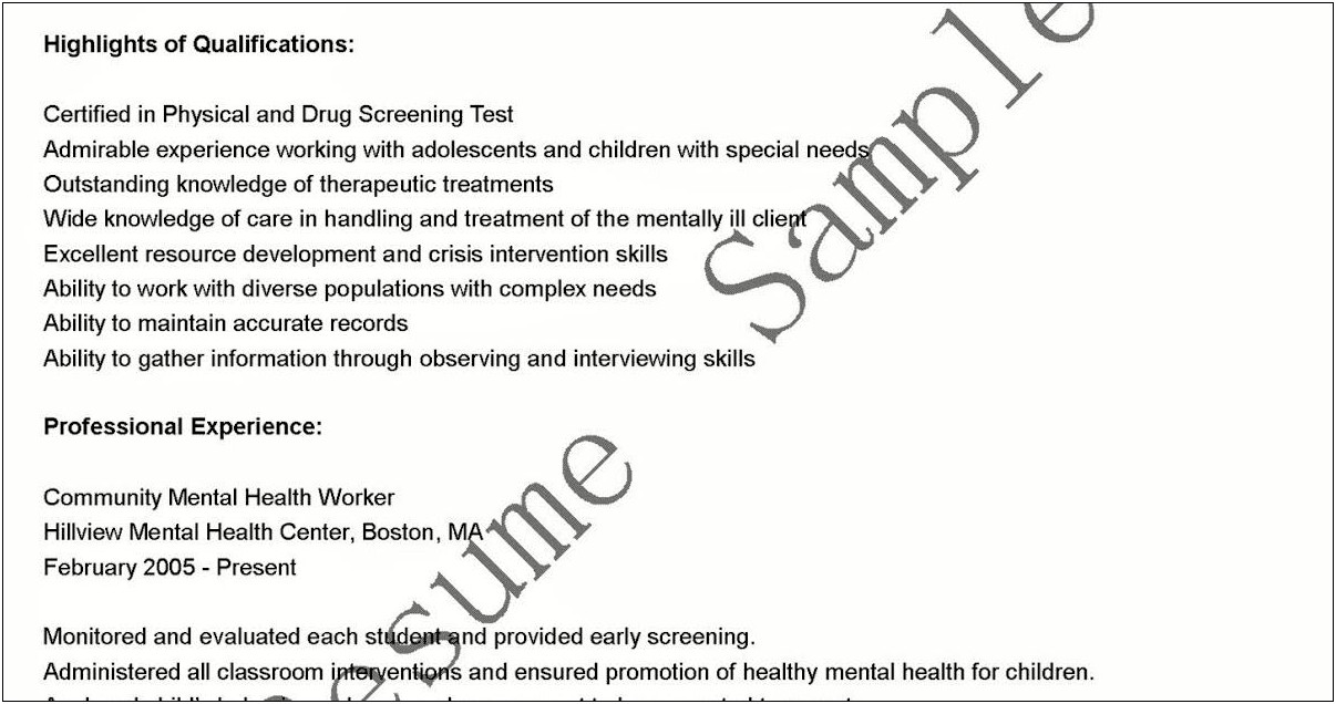 Sample Resume Mental Health Worker