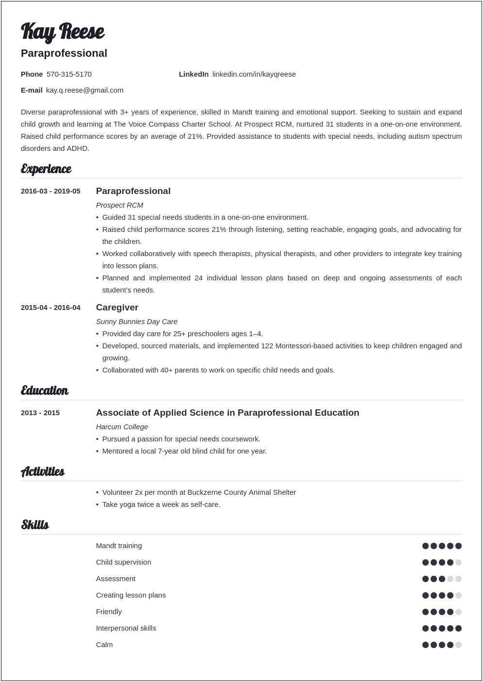 Sample Resume Objective For Paraprofessionals
