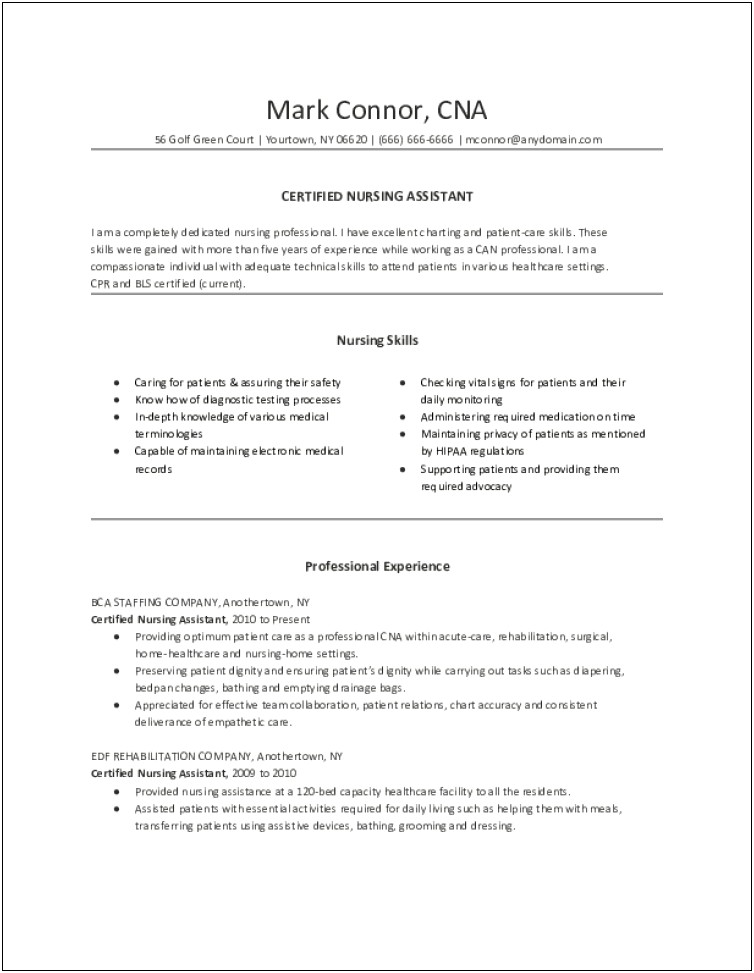 Sample Resume Objectives For Cna