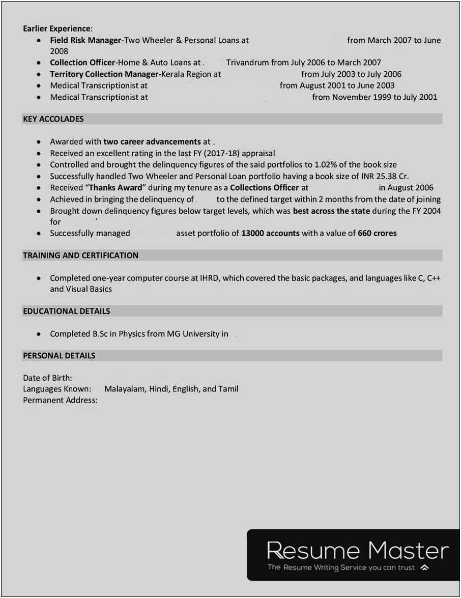 Sample Resume Objectives For Collections