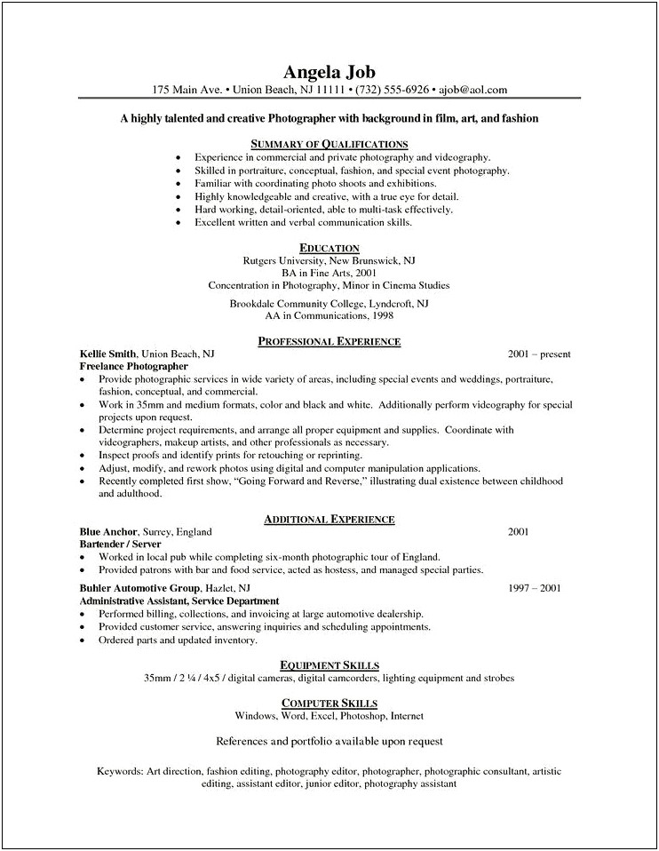 Sample Resume Objectives Ofr Photography
