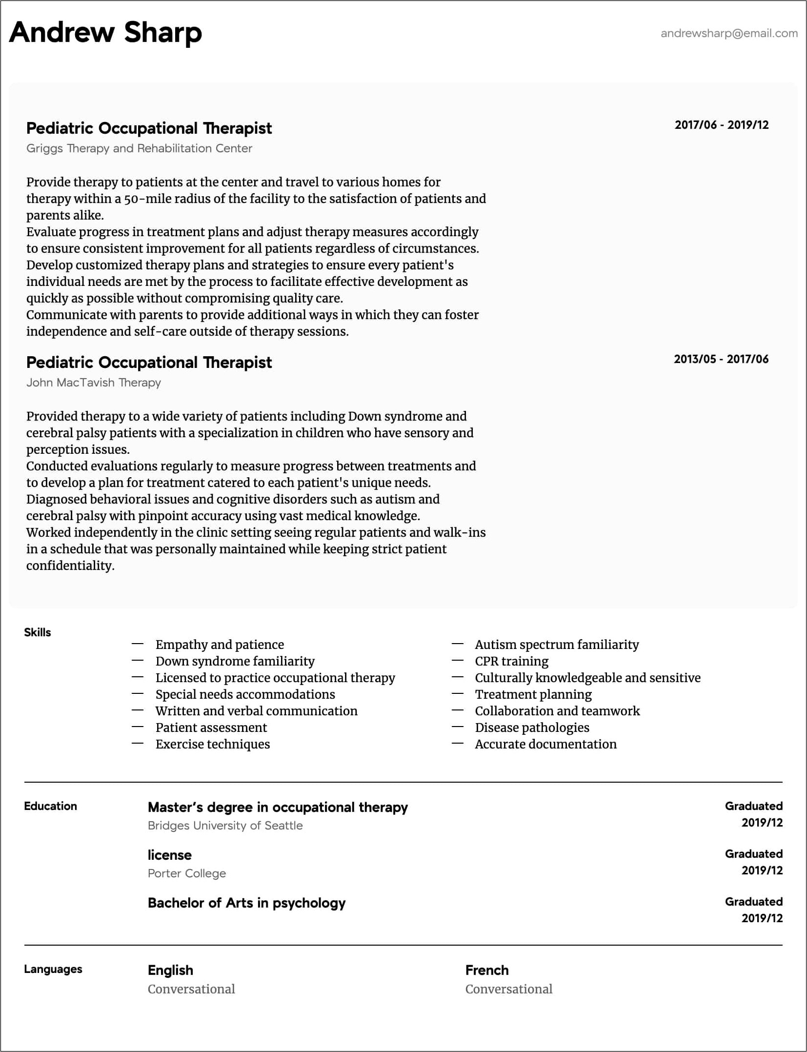 Sample Resume Occupational Therapy Student