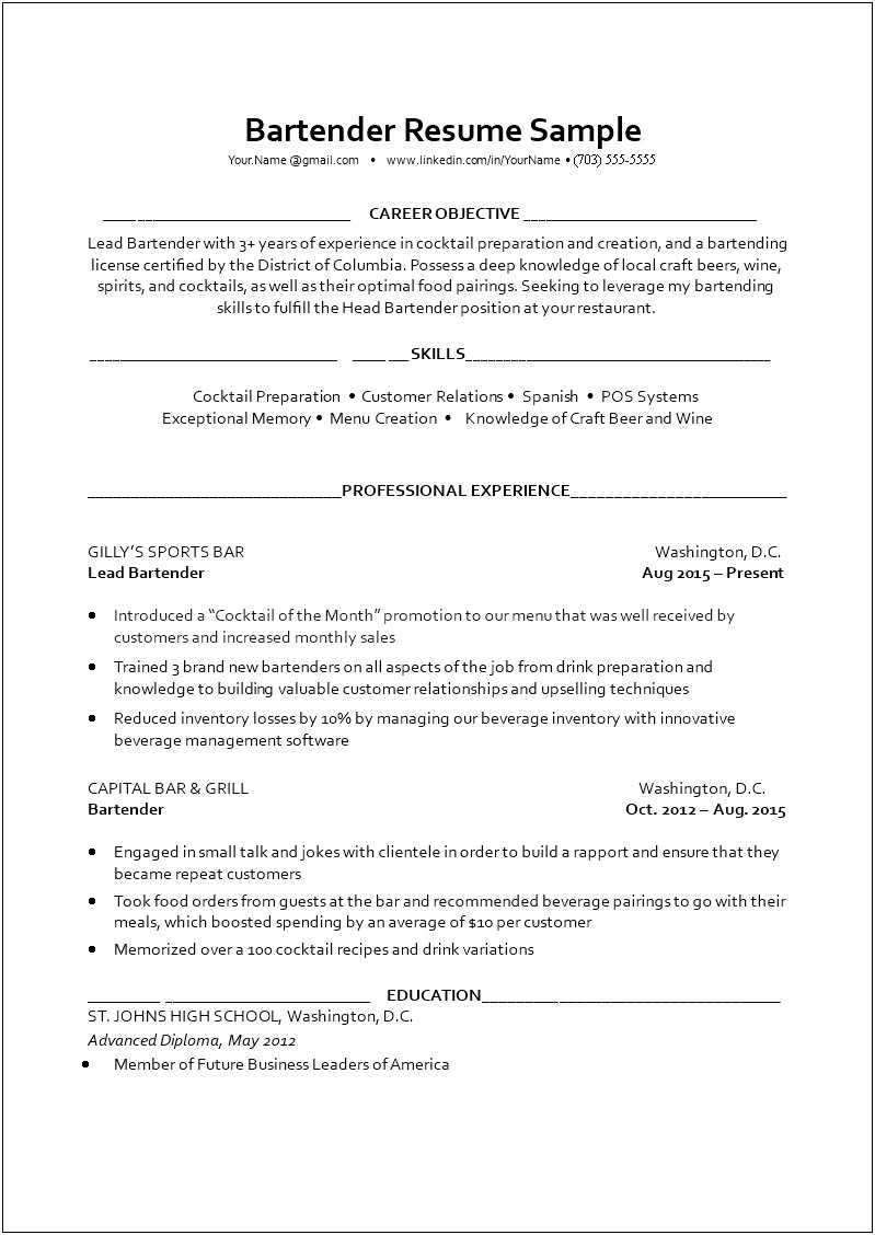 Sample Resume Of A Bartender