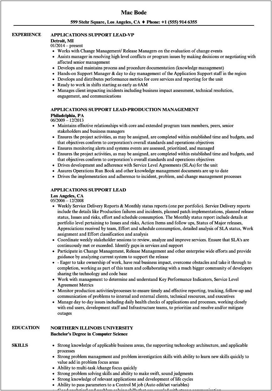 Sample Resume Of Application Support