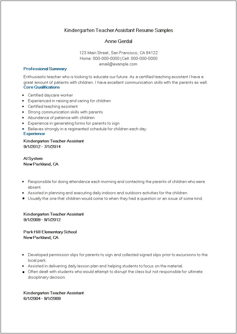Sample Resume Of Assistant Teacher