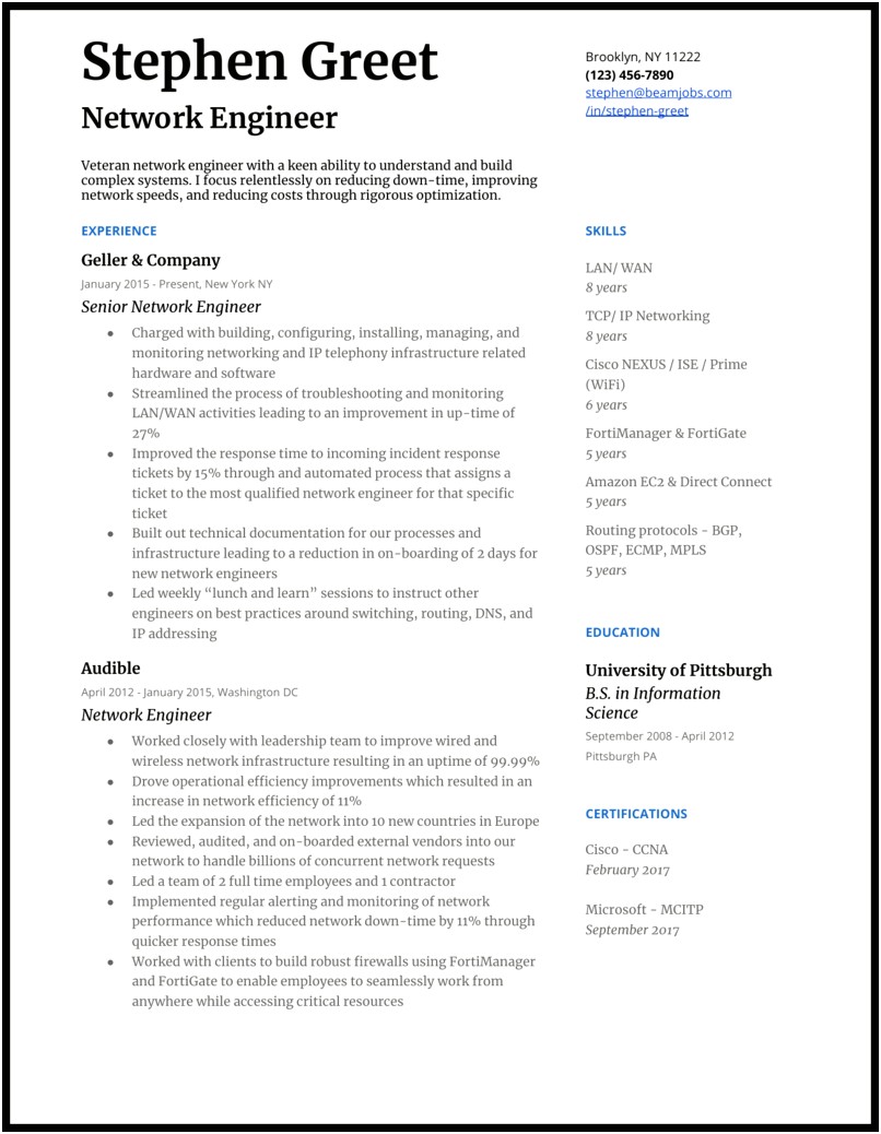 Sample Resume Of Cisco Engineer