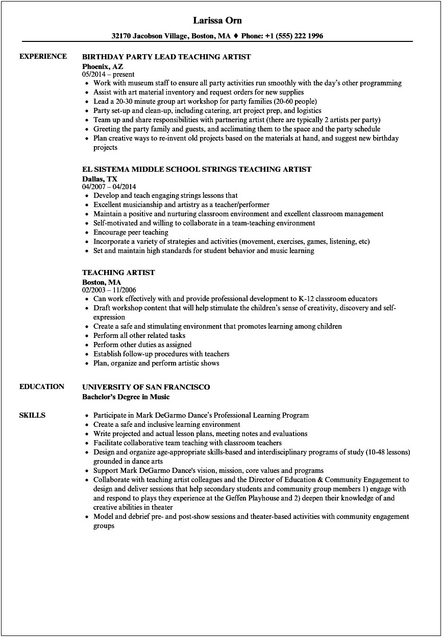 Sample Resume Of Dance Instructor
