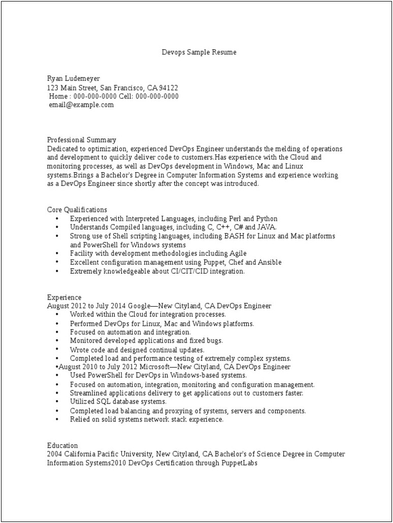 Sample Resume Of Devops Engineer