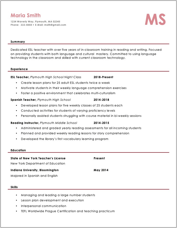 Sample Resume Of English Teachers