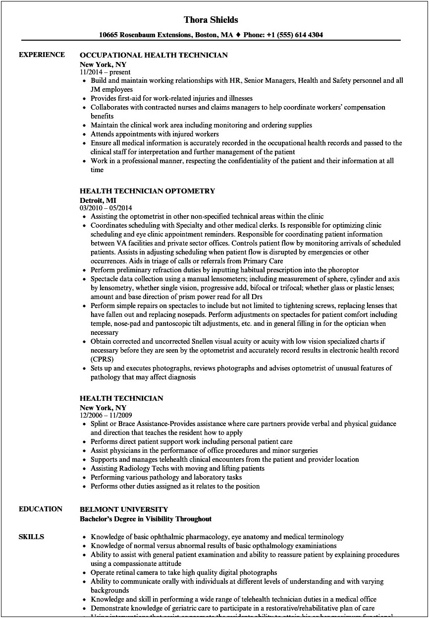 Sample Resume Of Health Technician