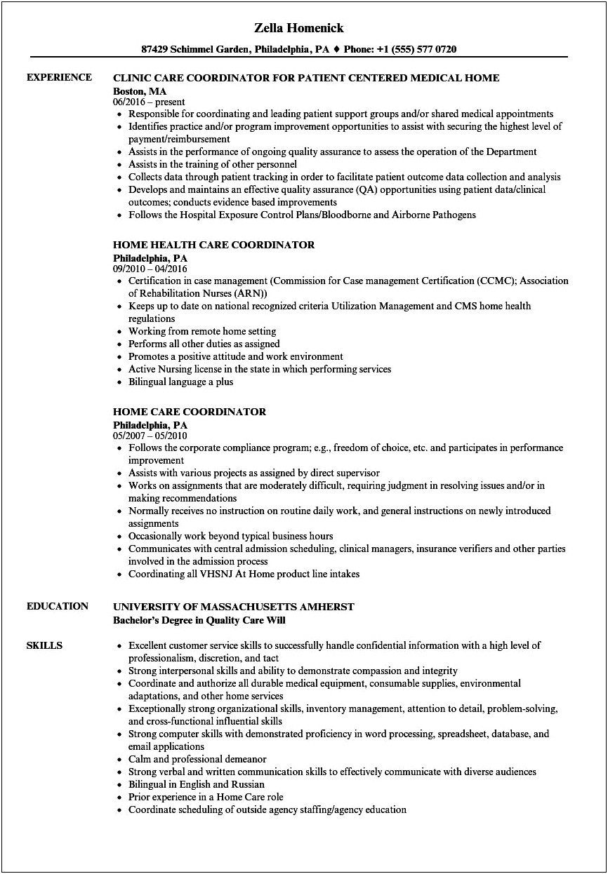 Sample Resume Of Hha Coordinator