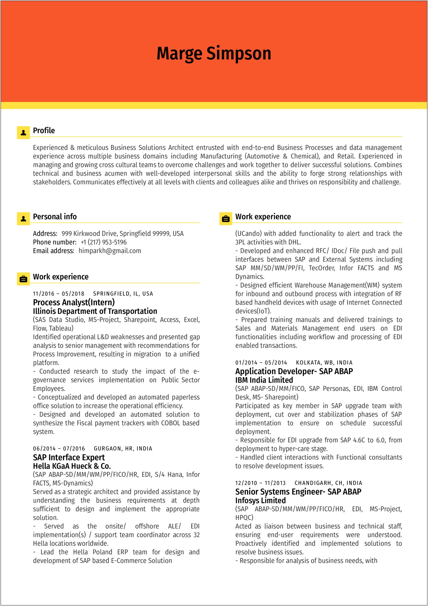 Sample Resume Of Infosys Employee