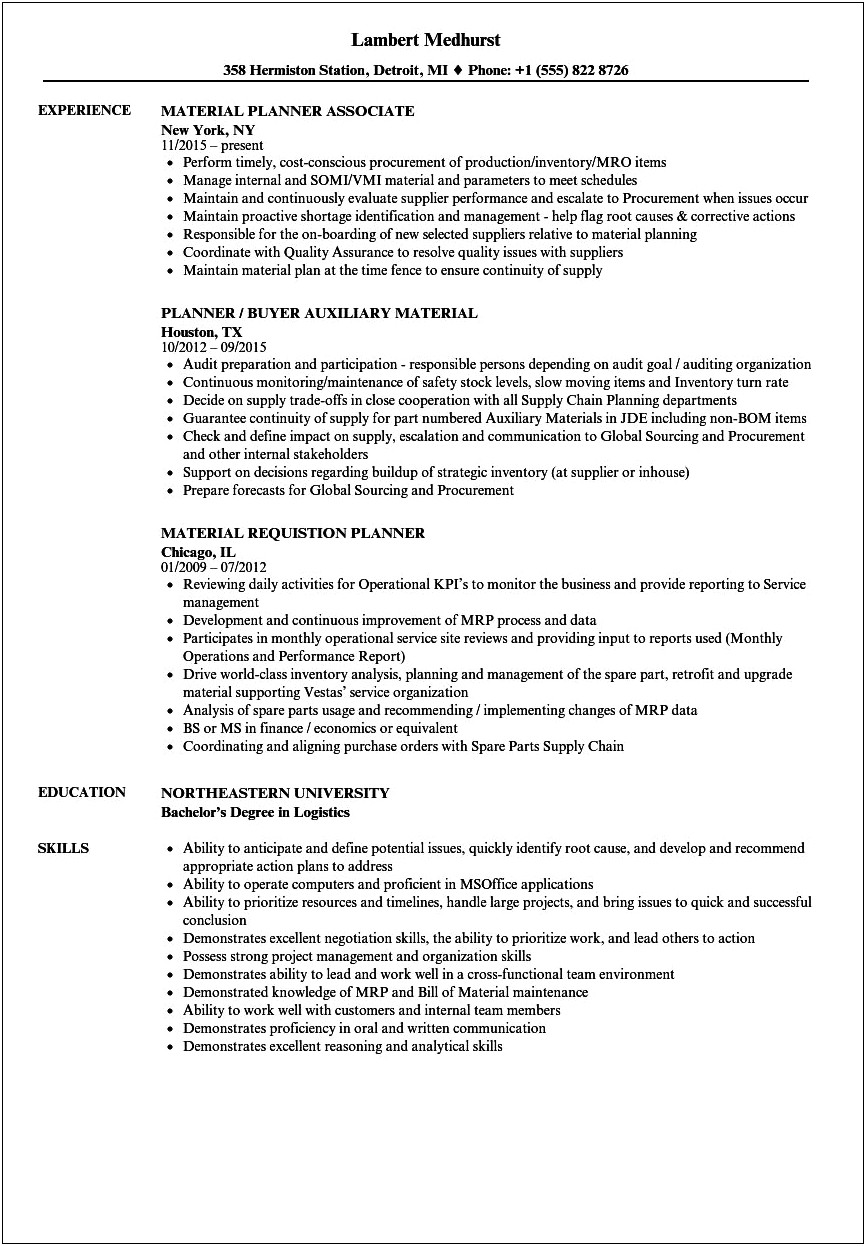 Sample Resume Of Material Planner