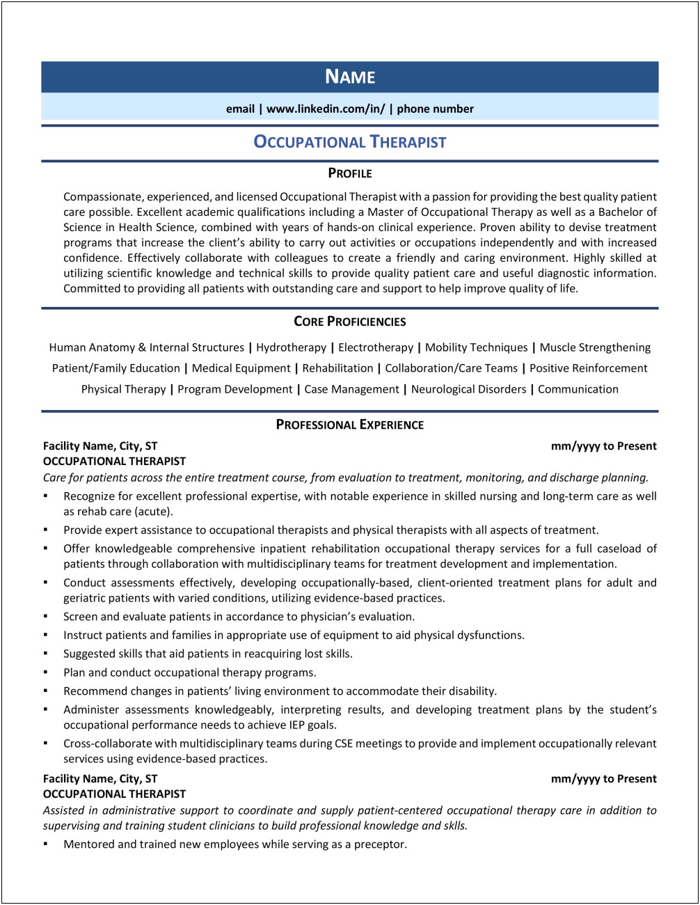 Sample Resume Of Occupational Therapist