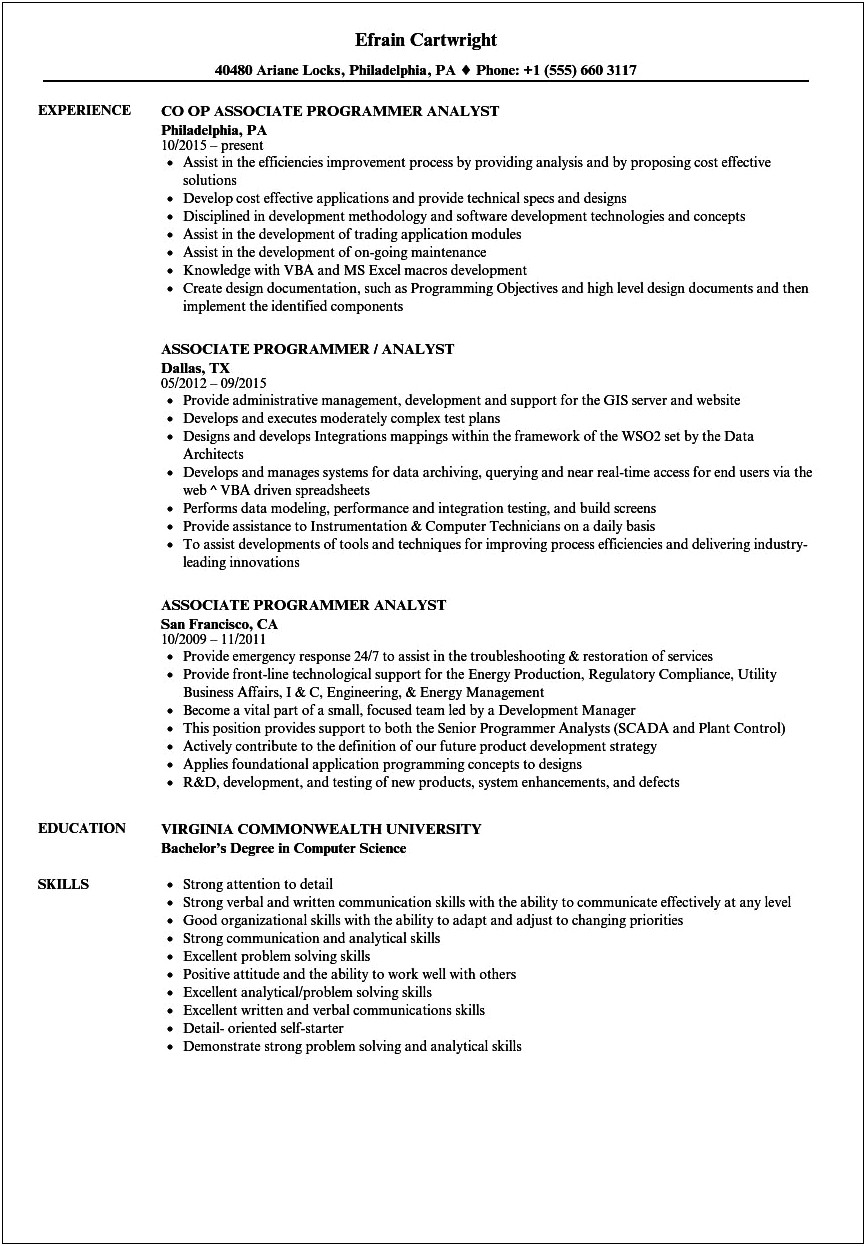 Sample Resume Of Programmer Analyst