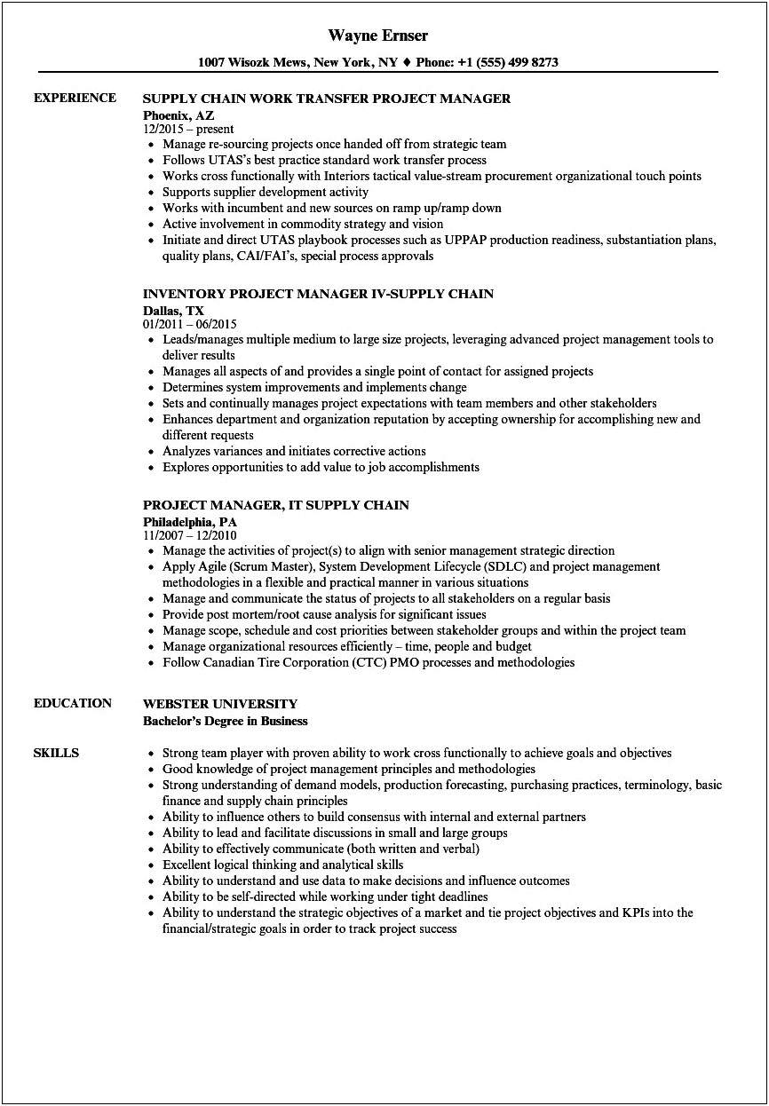 Sample Resume Of Project Manger