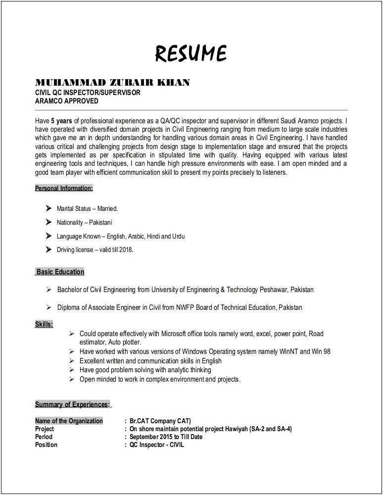 Sample Resume Of Qc Inspector