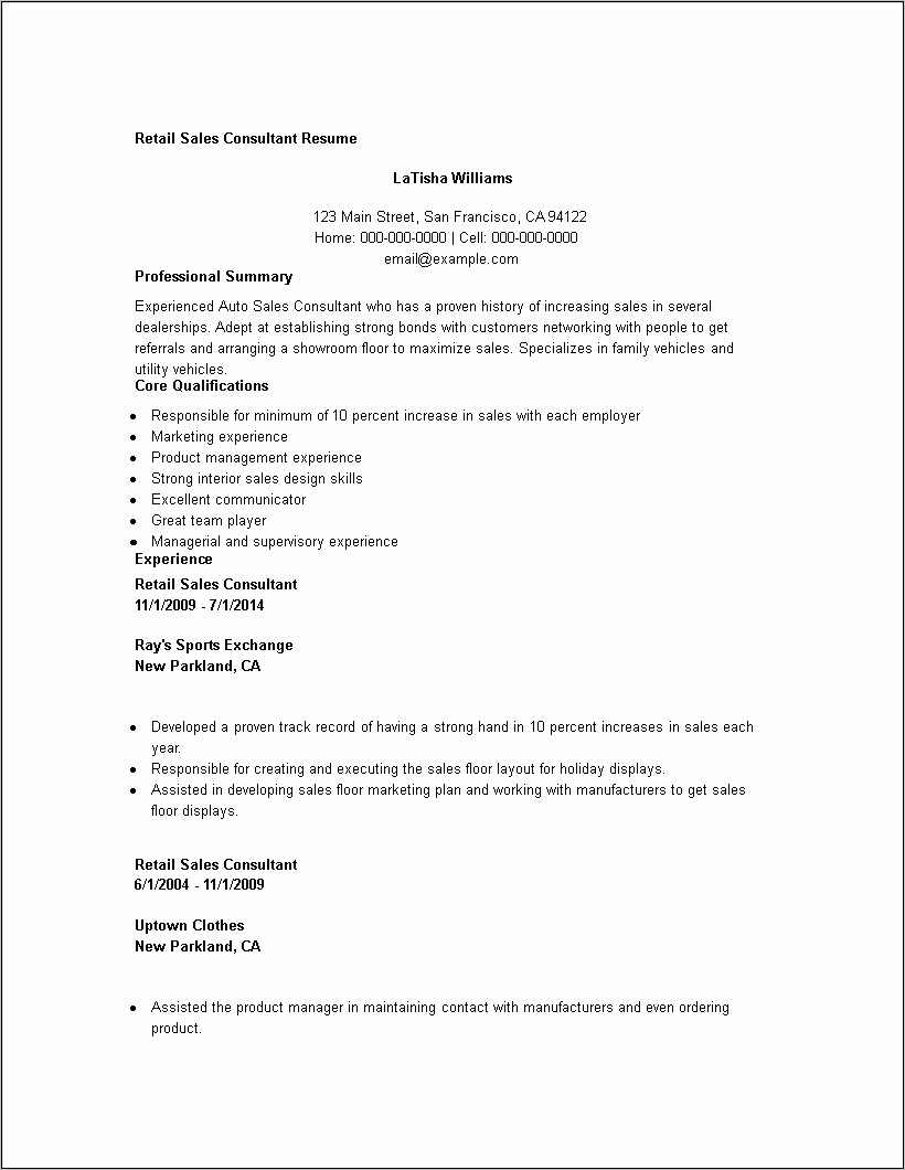 Sample Resume Of Sales Consultant