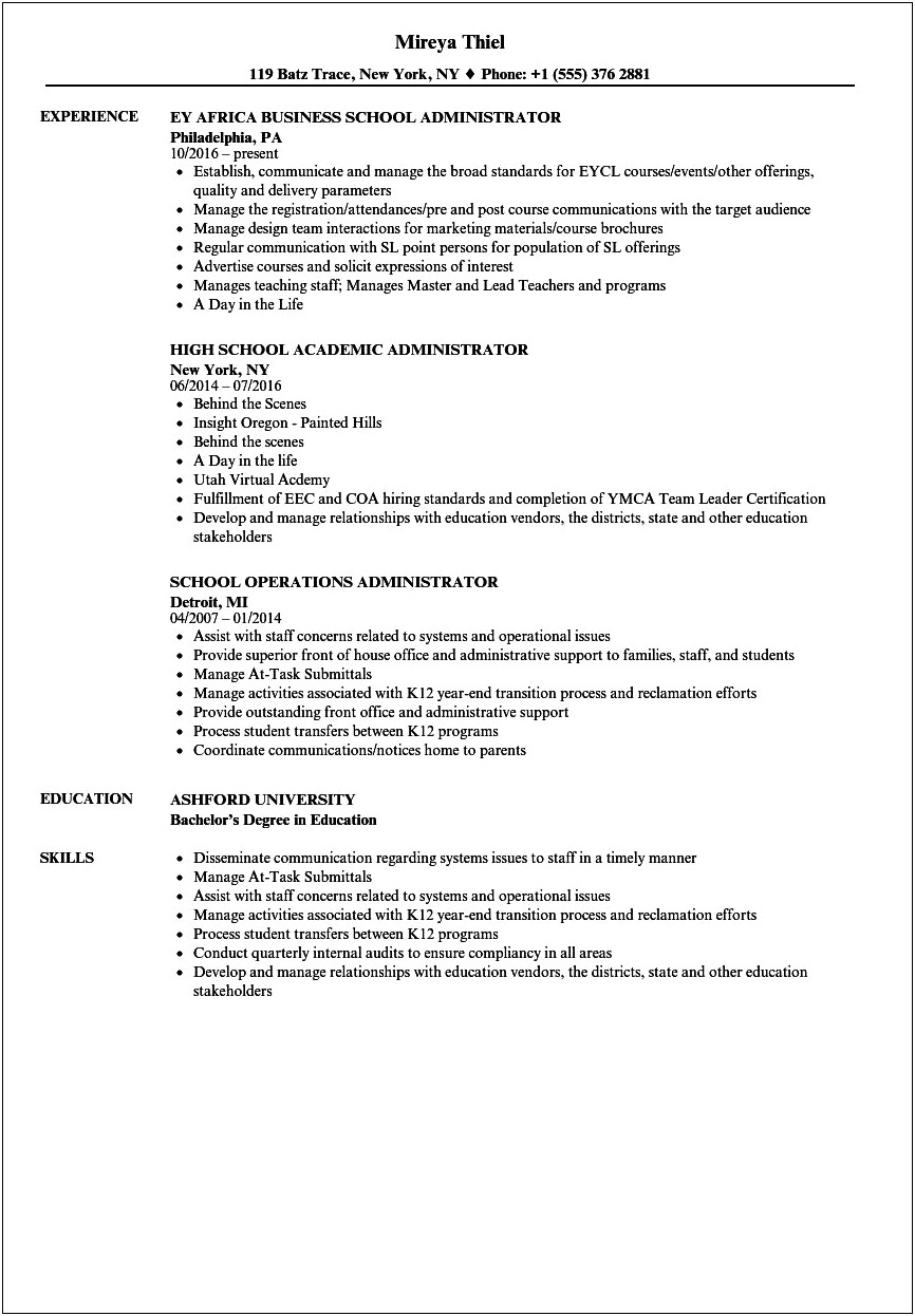 Sample Resume Of School Administrator