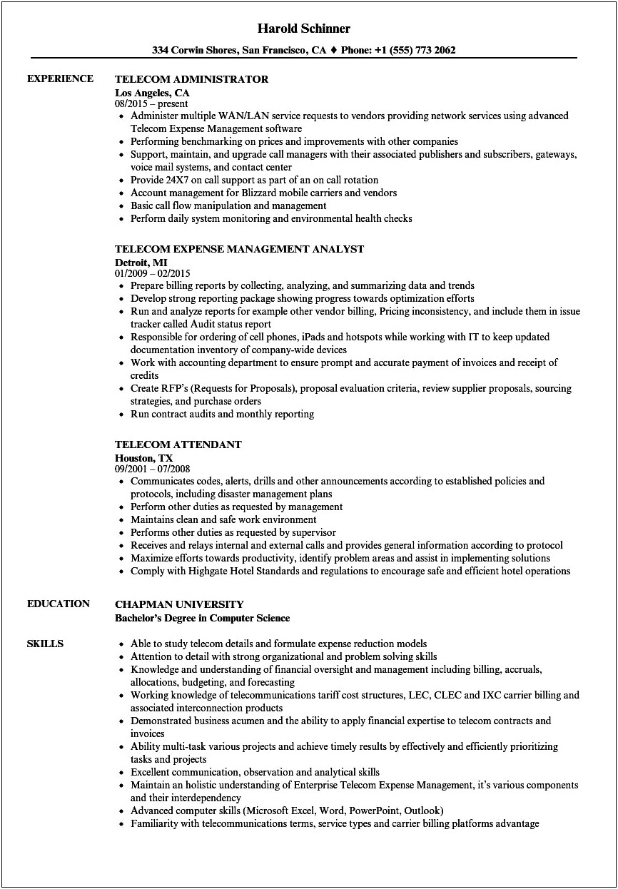 Sample Resume Of Telecom Technician