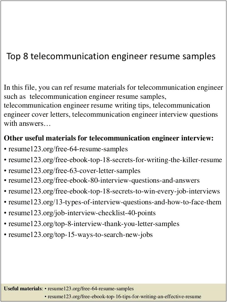 Sample Resume Of Telecommunication Engineer