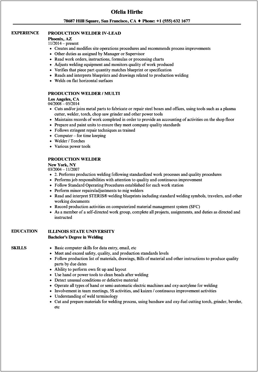Sample Resume Of Tig Welder