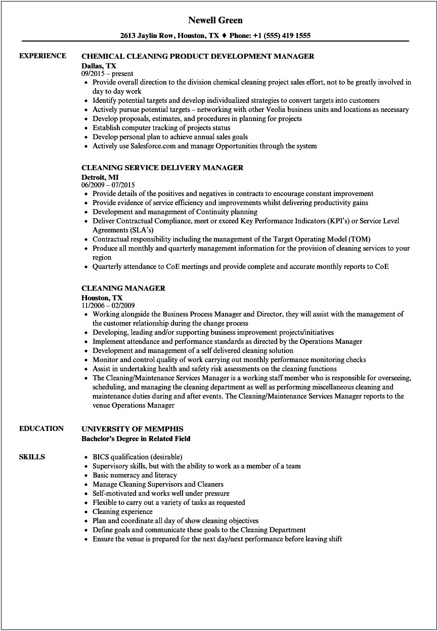 Sample Resume Owner Cleaning Company