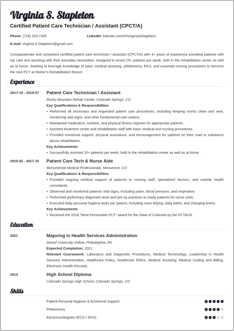 Sample Resume Patient Care Assistant