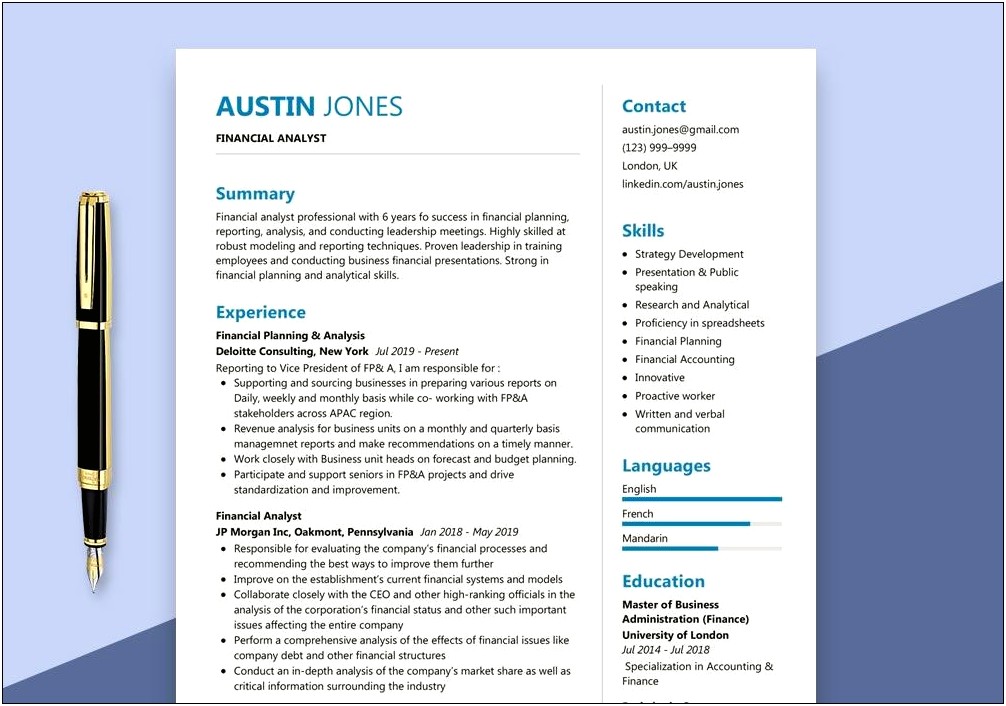 Sample Resume Pen Picture Template