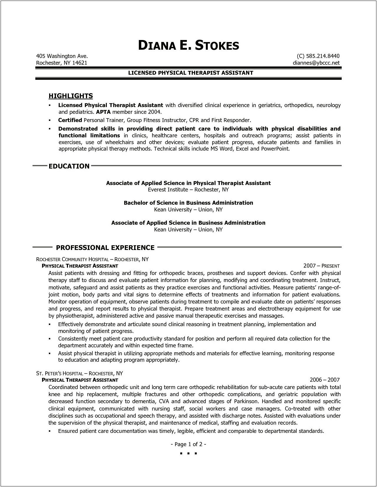 Sample Resume Phisio Therapy Aide