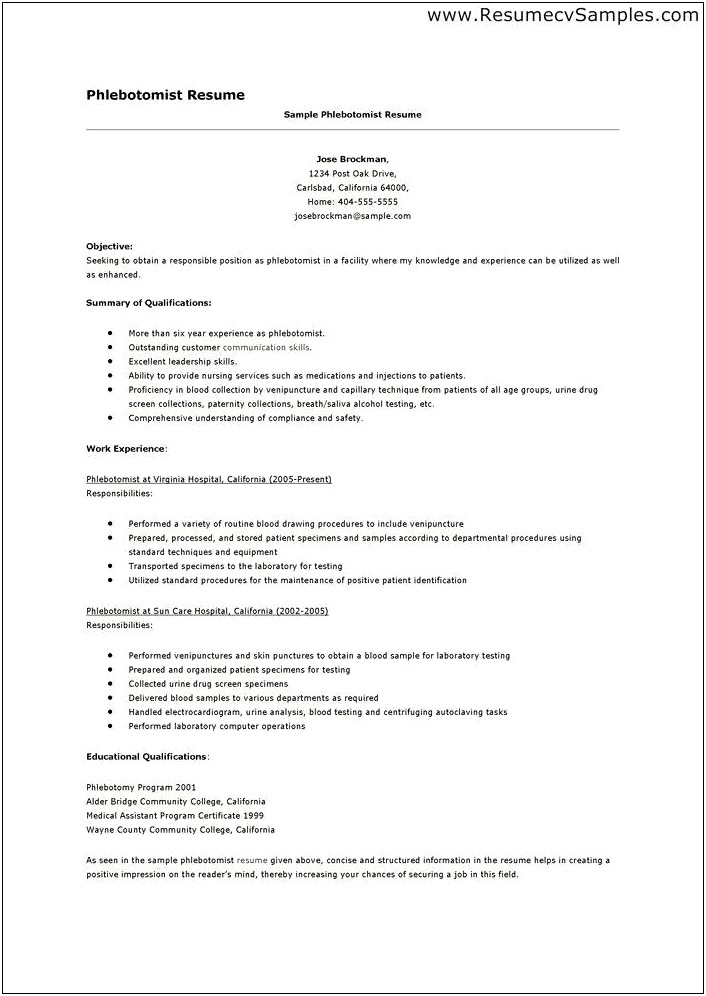 Sample Resume Phlebotomist Medical Assistant