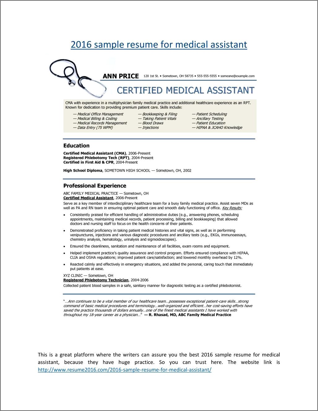 Sample Resume Physician Office Manager