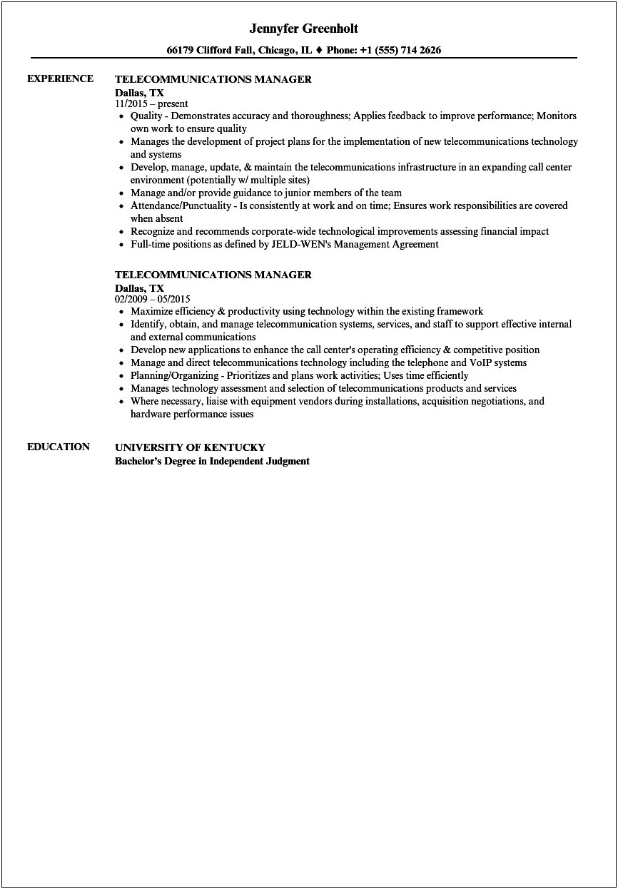 Sample Resume Project Manager Telecommunications