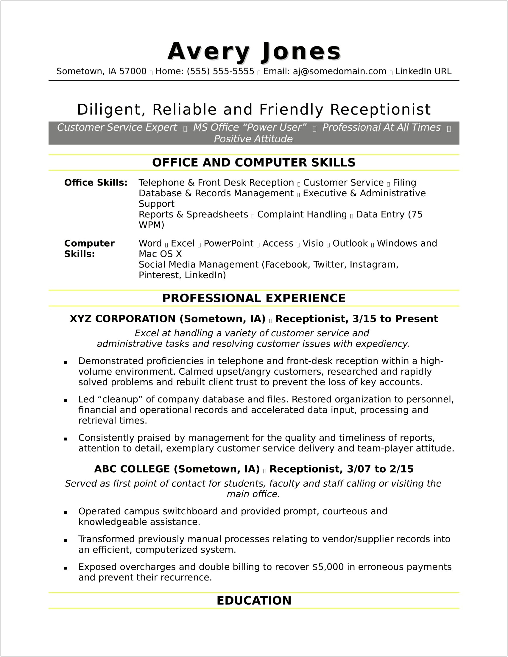 Sample Resume Receptionist Front Desk