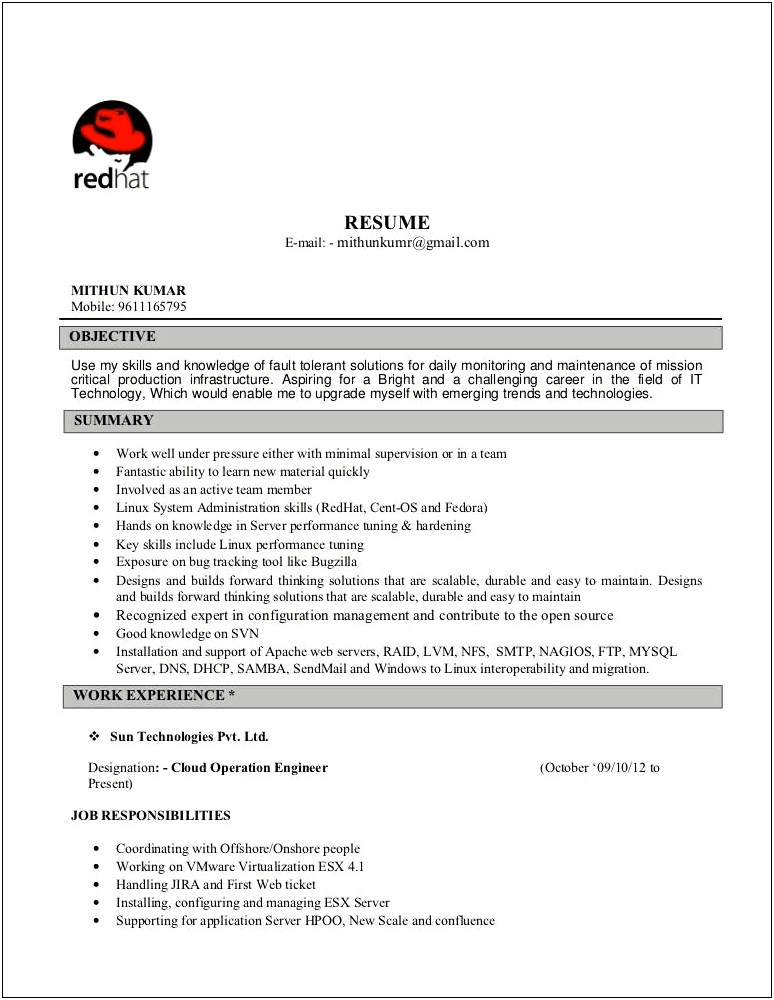 Sample Resume Red Hat Linux
