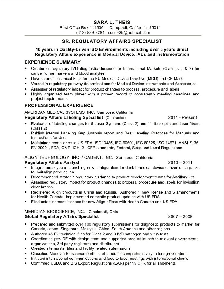 Sample Resume Regulatory Affairs Associate