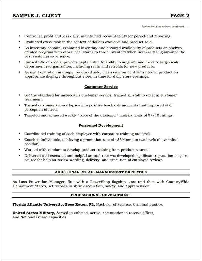 Sample Resume Retail Management Position