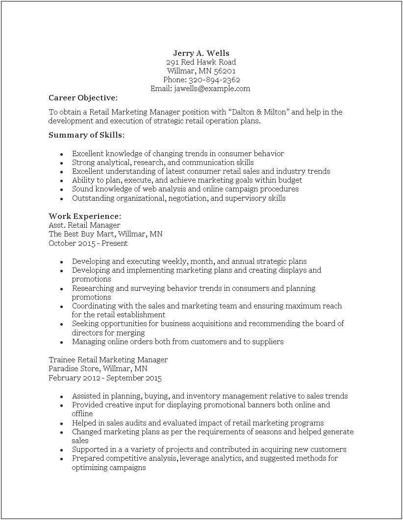 Sample Resume Retail Supervisor Position