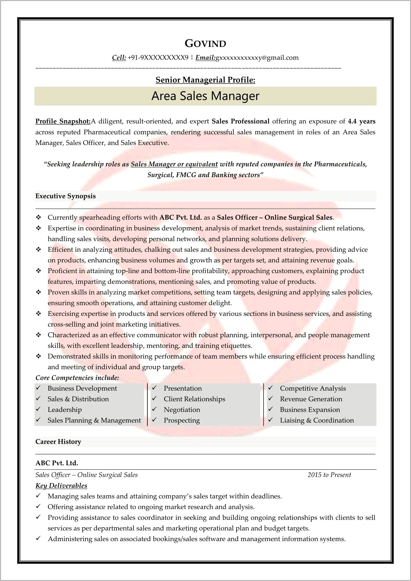 Sample Resume Sales Manager India