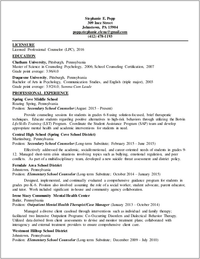 Sample Resume School Counselor Position