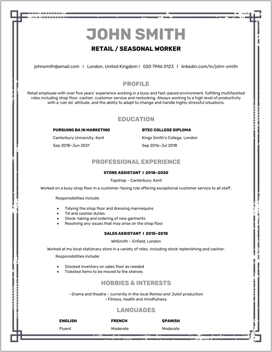 Sample Resume Seasonal Retail Worker